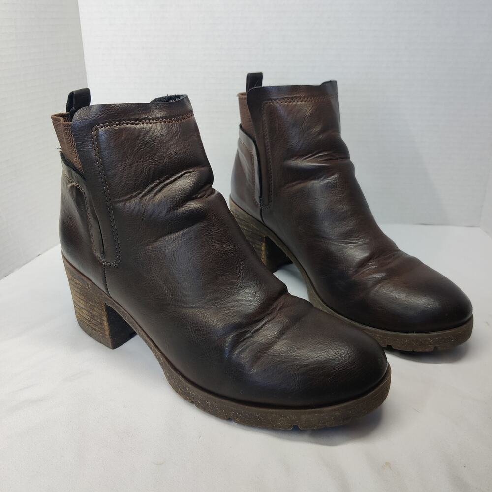 Korks Elsie 10 Chocolate Brown Faux Leather Pull On Ankle Boots Chunky Kork Ease